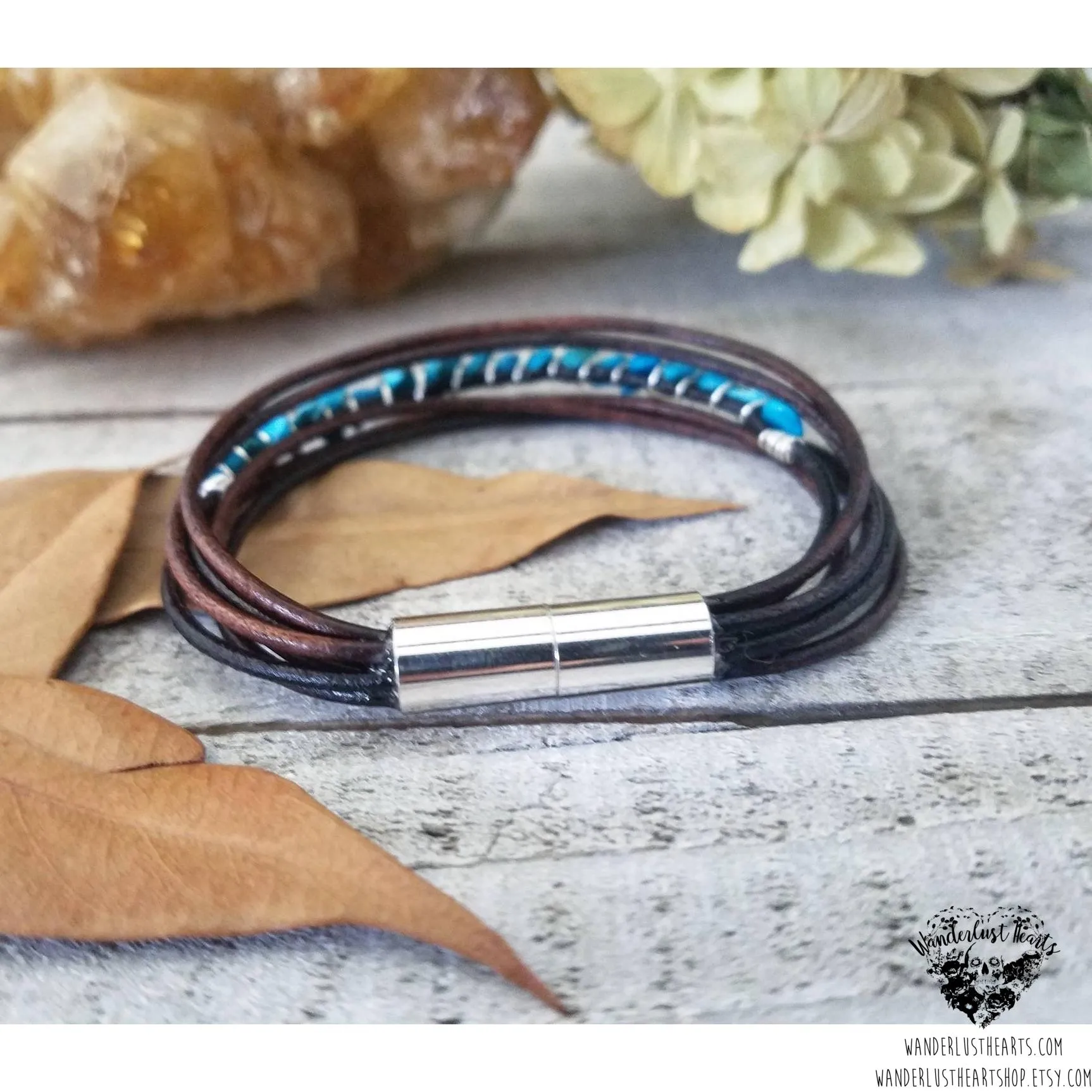 Turquoise leather layer bracelet