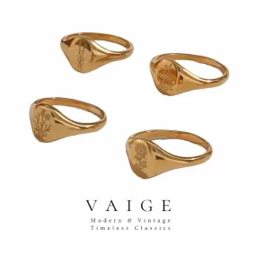 VAIGE Nature-Inspired Mini Engraved Gold Stainless Steel Ring with Lavender and Sunflower Design