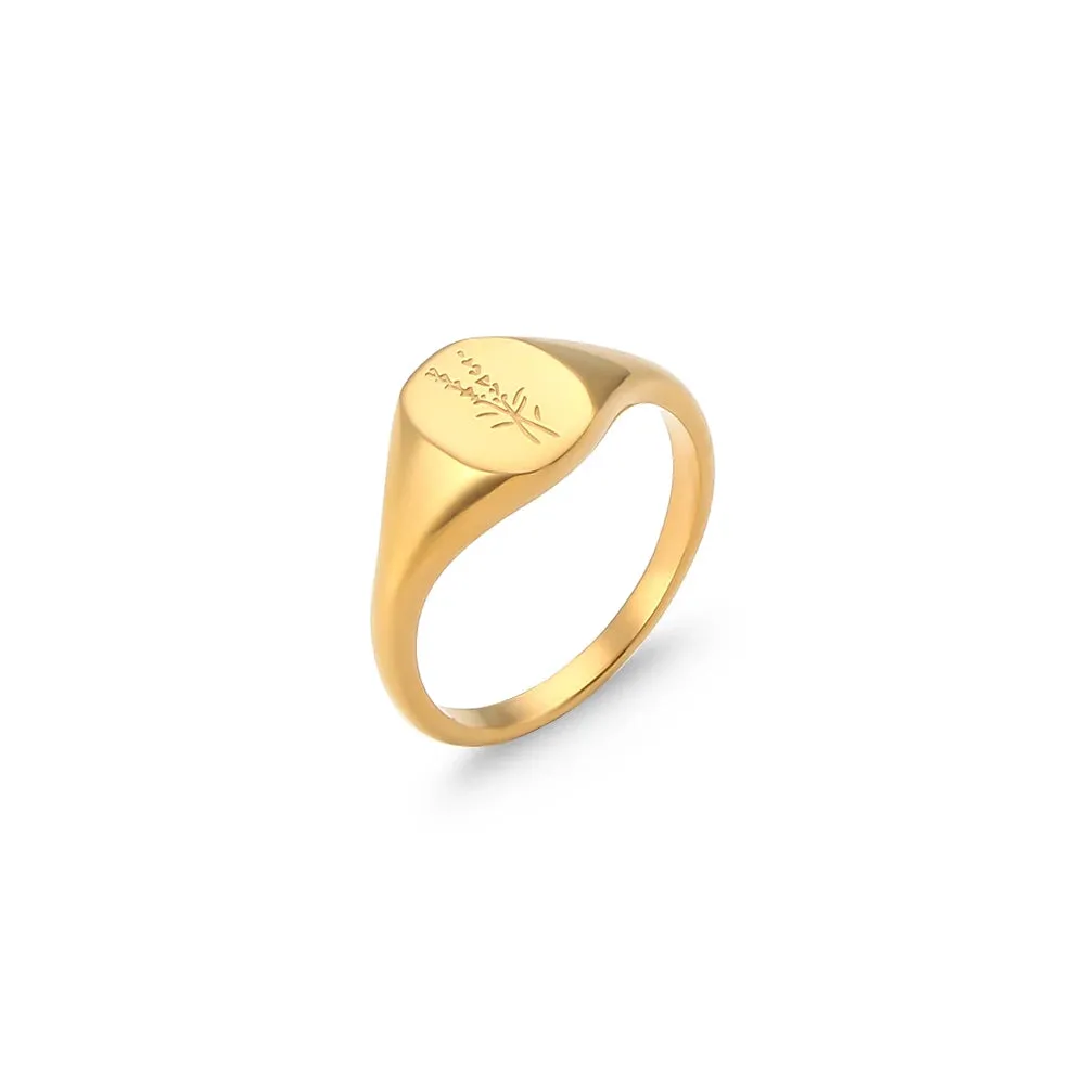 VAIGE Nature-Inspired Mini Engraved Gold Stainless Steel Ring with Lavender and Sunflower Design