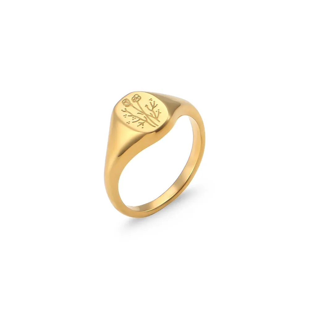 VAIGE Nature-Inspired Mini Engraved Gold Stainless Steel Ring with Lavender and Sunflower Design