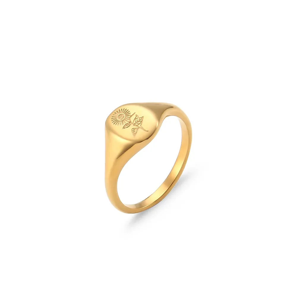 VAIGE Nature-Inspired Mini Engraved Gold Stainless Steel Ring with Lavender and Sunflower Design