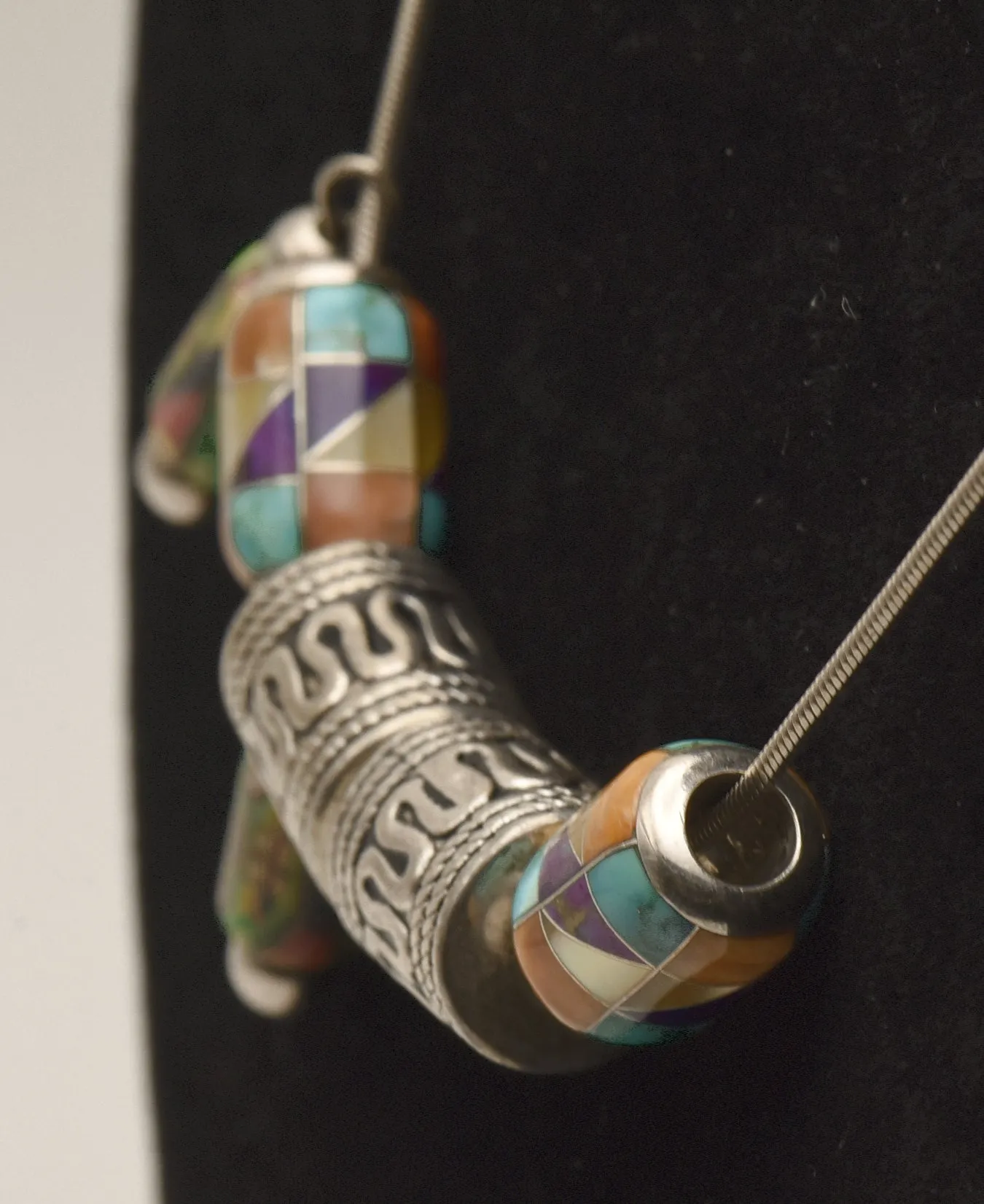 Vintage Stone Inlaid Sterling Silver Bead Sterling Silver Chain Necklace - 20"