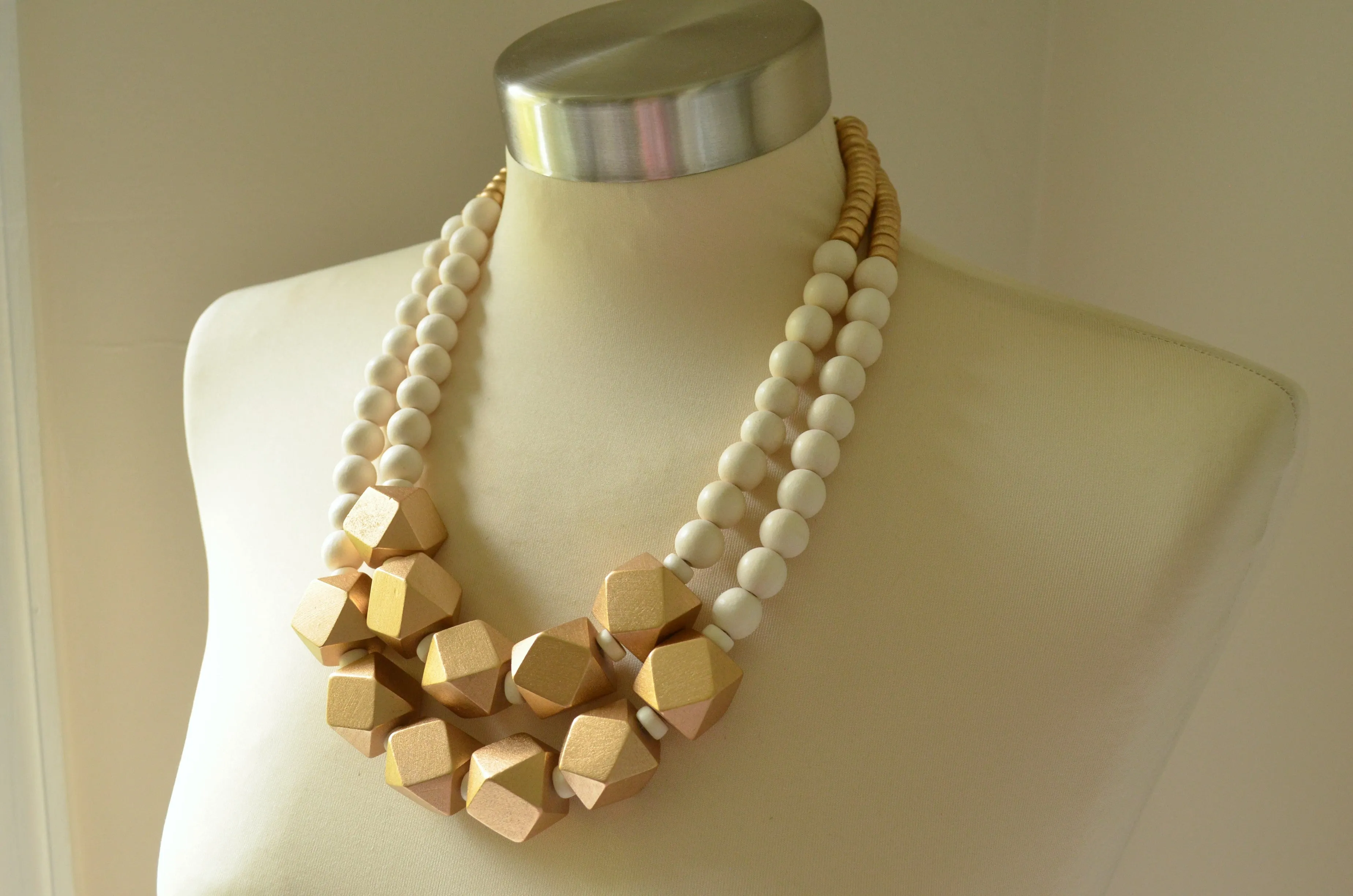 White Gold Statement Beaded Wood Chunky Multi Strand Necklace - Riley