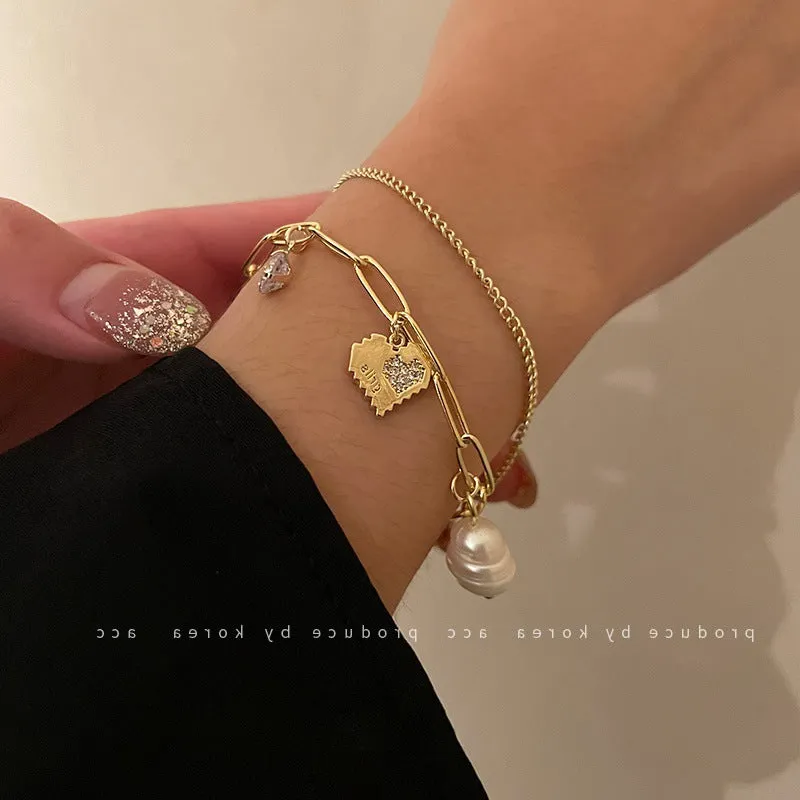 Women's Double Layer Freshwater Pearl & Diamond Love Bracelet