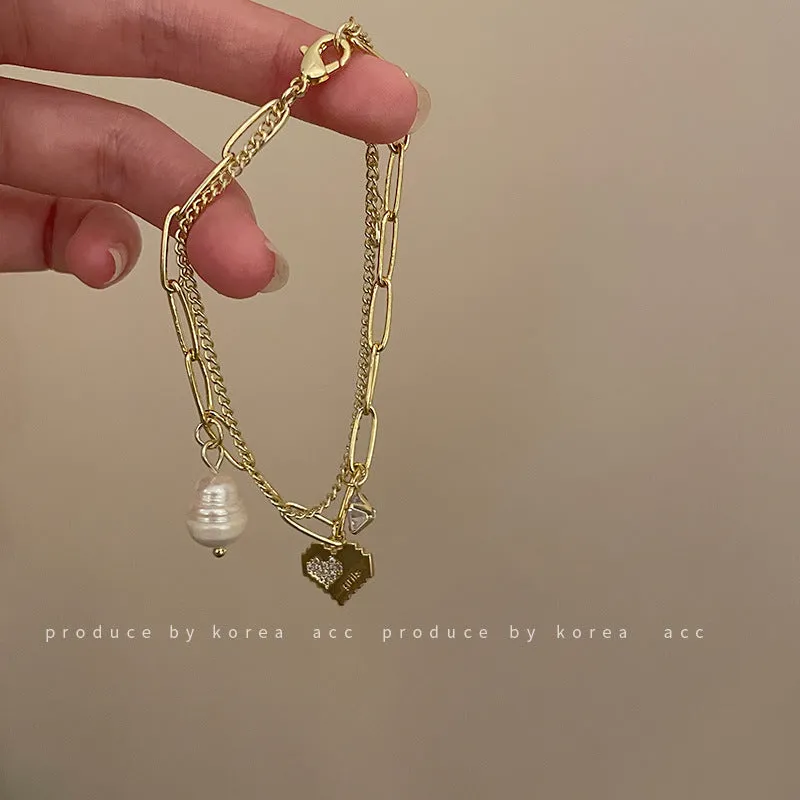 Women's Double Layer Freshwater Pearl & Diamond Love Bracelet