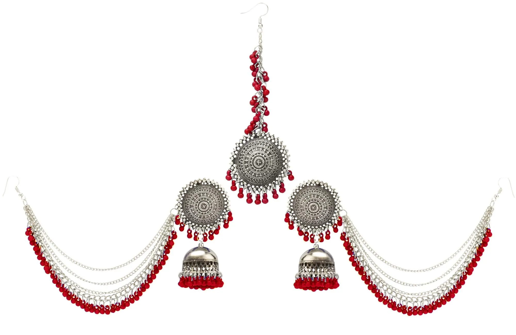 Yellow Chimes Oxidised Jhumka Earrings Set for Women Silver Oxidised Earrings Set Traditional Maang Tikka with Earrings Jewellery Set for Women and Girls.